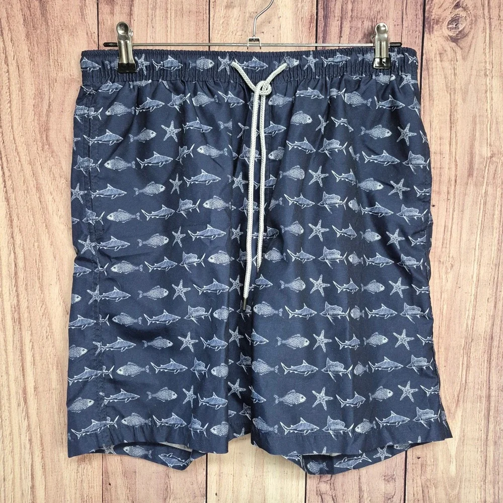 Kirkland Signature Mens Navy Blue Fish Starfish Print Swim Trunks Medium‎